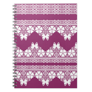 White Retro Lace butterflies Burgundy Notebook