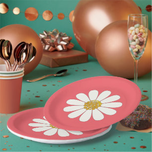 White Retro Modern Daisy Flower Birthday Party Paper Plate