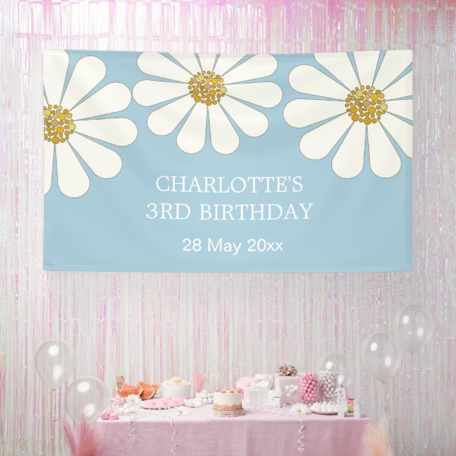 White Retro Modern Daisy Flower Custom Birthday   Banner (Party)