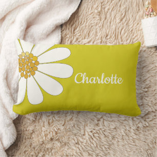 White Retro Modern Daisy Flower Custom Name Lumbar Cushion