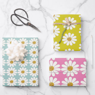 White Retro Modern Daisy Flower Pattern Custom  Wrapping Paper Sheet
