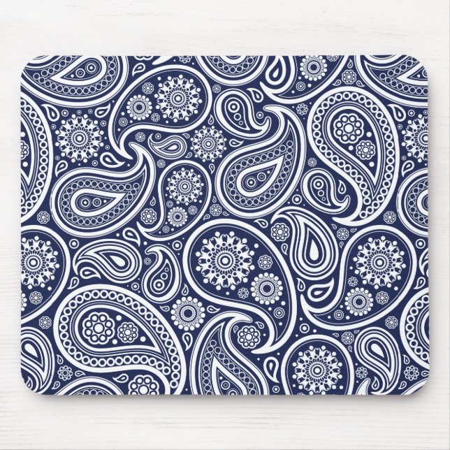 White Retro Paisley Pattern Design On dark-blue Mouse Pad (Front)