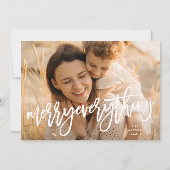 White Retro Script Merry Everything Photo Holiday Card (Front)