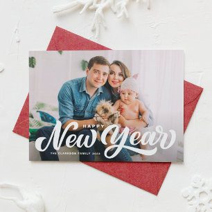 White Retro Script Overlay Photo Happy New Year Holiday Card