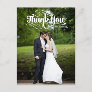 White Retro Script Wedding Thank You Postcard