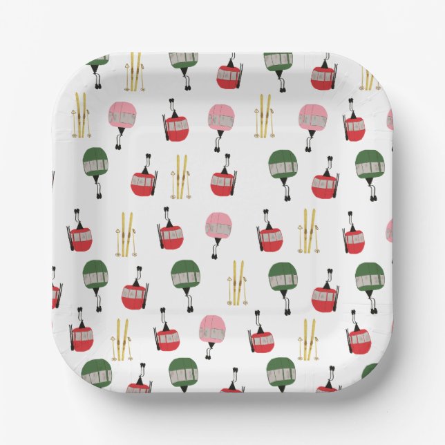 White Retro Ski Lift Gondola Winter Skiing  Paper Plate (Front)