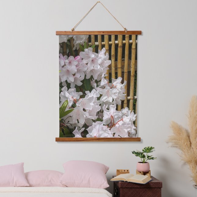 White Rhododendron Blooms and Bamboo Floral Hanging Tapestry (Bedroom)
