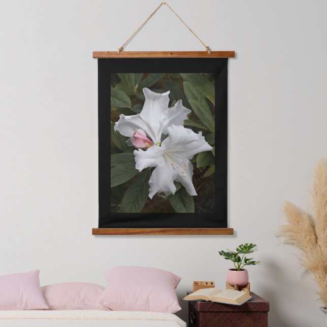 White Rhododendron Blooms with Black Border Hanging Tapestry (Bedroom)