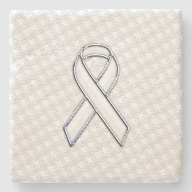 White Ribbon Awareness Applique on Houndstooth Stone Coaster (Front)