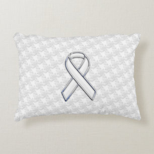 White Ribbon Awareness on Houndstooth Print Decorative Cushion