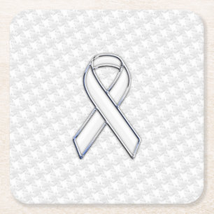 White Ribbon Awareness on Houndstooth Print Square Paper Coaster