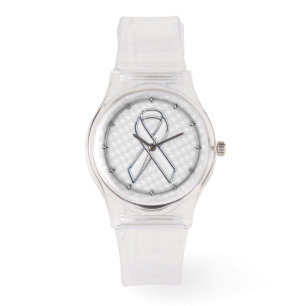 White Ribbon Awareness on Houndstooth Print Watch