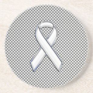 White Ribbon Awareness White Carbon Fibre Print Coaster