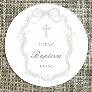 White Ribbon Baby's Breath Baptism Classic Round Sticker