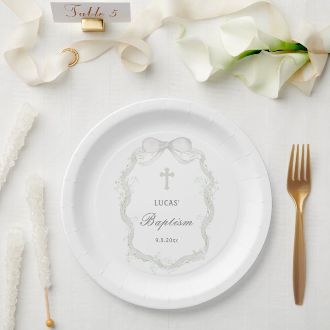 White Ribbon Baby's Breath Baptism Paper Plate (Wedding)