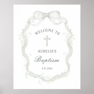 White Ribbon Baby's Breath Baptism Welcome Poster