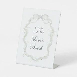 White Ribbon Baby's Breath Guest Book Pedestal Sign