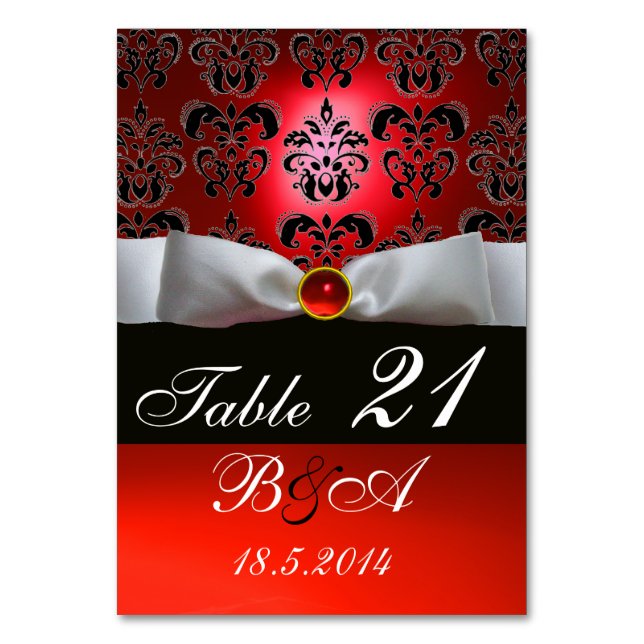 WHITE RIBBON, BLACK RED DAMASK MONOGRAM TABLE NUMBER (Front)