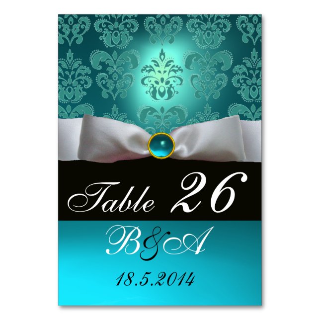 WHITE RIBBON BLUE TURQUASE BLACK  DAMASK MONOGRAM TABLE NUMBER (Front)