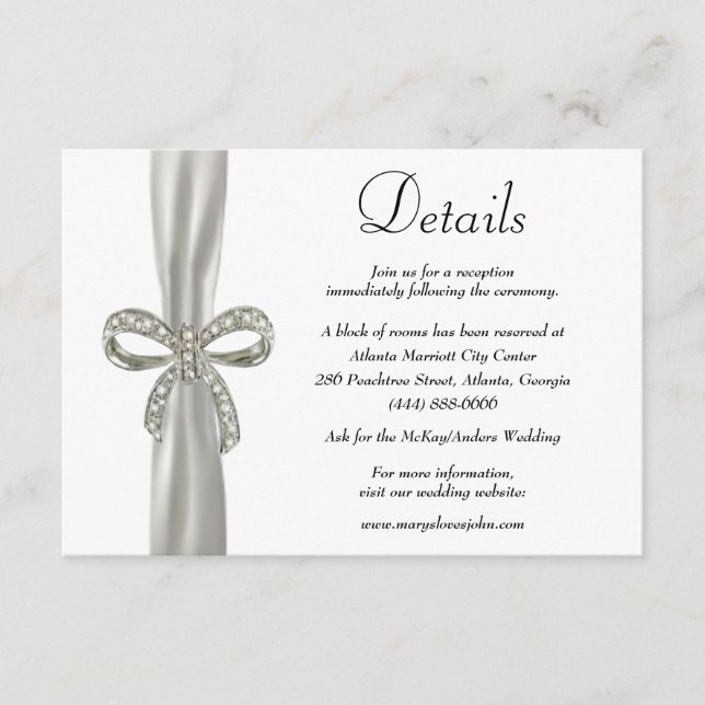 White Ribbon Diamond Bow Wedding Details Enclosure Card (Front)