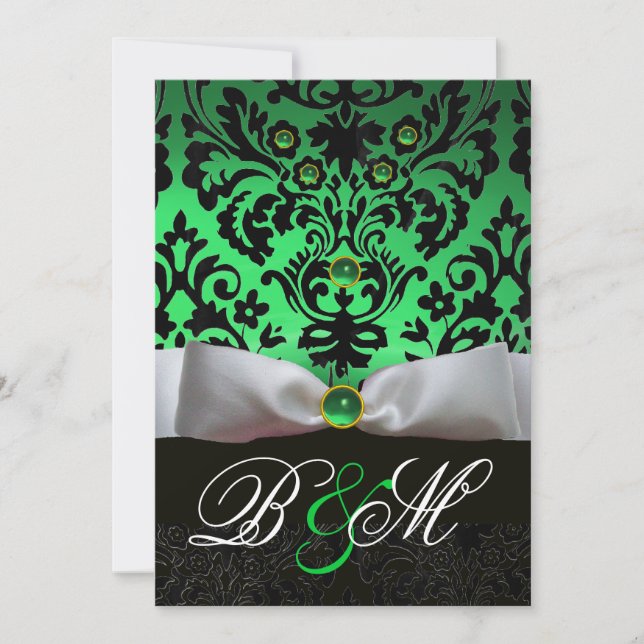WHITE RIBBON EMERALD GREEN  BLACK DAMASK MONOGRAM INVITATION (Front)