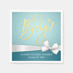 White Ribbon Gold Script Turquoise Baby Shower Napkin