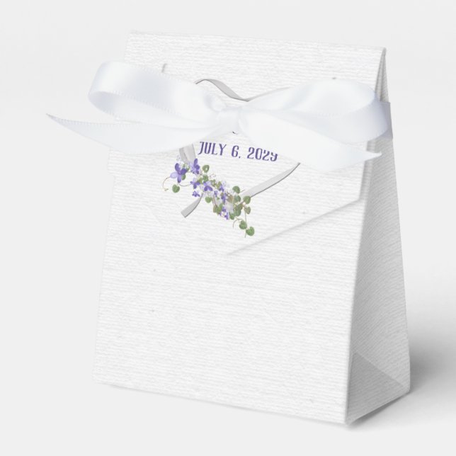 White Ribbon Heart and Purple Flowers Favour Box (Front Side)
