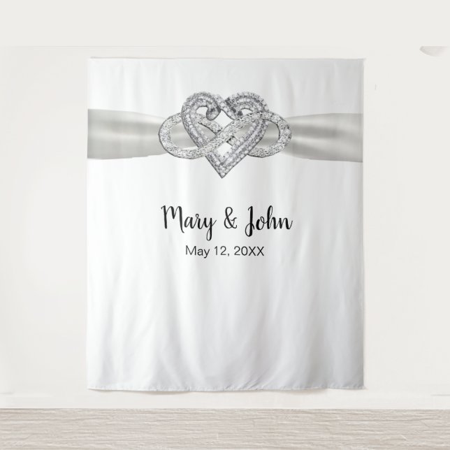 White Ribbon Infinity Heart Wedding Backdrop Tapestry (Front)