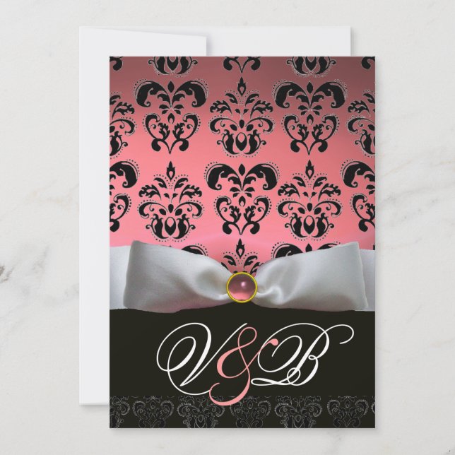 WHITE RIBBON PINK  BLACK DAMASK MONOGRAM INVITATION (Front)