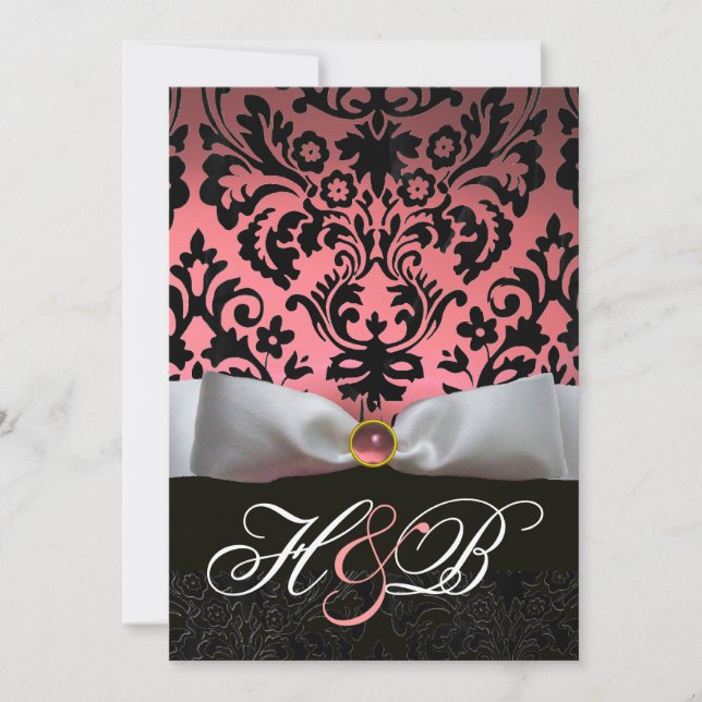 WHITE RIBBON PINK  BLACK DAMASK MONOGRAM INVITATION (Front)