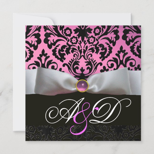 WHITE RIBBON PINK LILAC  BLACK  DAMASK MONOGRAM INVITATION (Front)