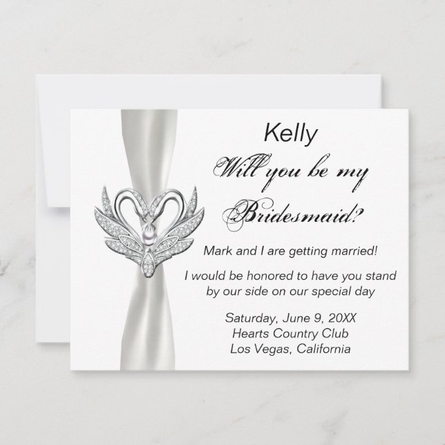 White Ribbon Silver Swans Bridesmaid Card (Front)