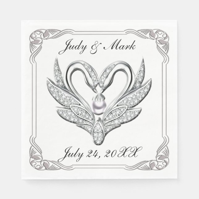 White Ribbon Silver Swans Paper Napkins (Front)