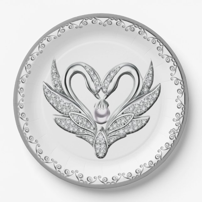 White Ribbon Silver Swans Paper Plate (Front)