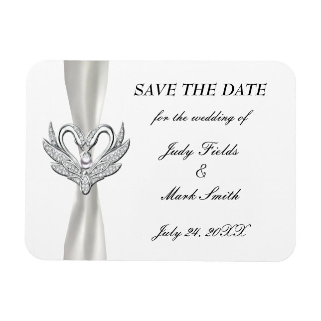 White Ribbon Silver Swans Save The Date Magnet (Horizontal)