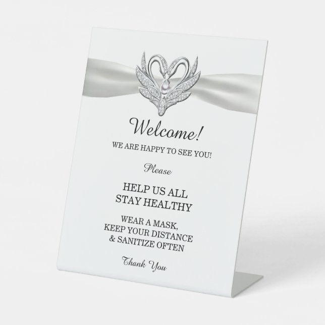 White Ribbon Silver Swans Wedding Safety  Pedestal Sign (Front)