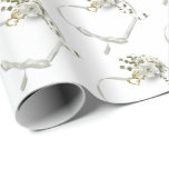 white ribbon wedding heart wrapping paper<br><div class="desc">rose and ivy bouquet with gold heart rings and white ribbon for wedding or anniversary</div>