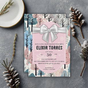 White Ribbon Winter Forest Snowflakes Baby Shower Invitation