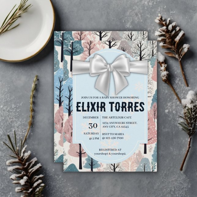 White Ribbon Winter Forest Snowflakes Baby Shower Invitation (Creator Uploaded)