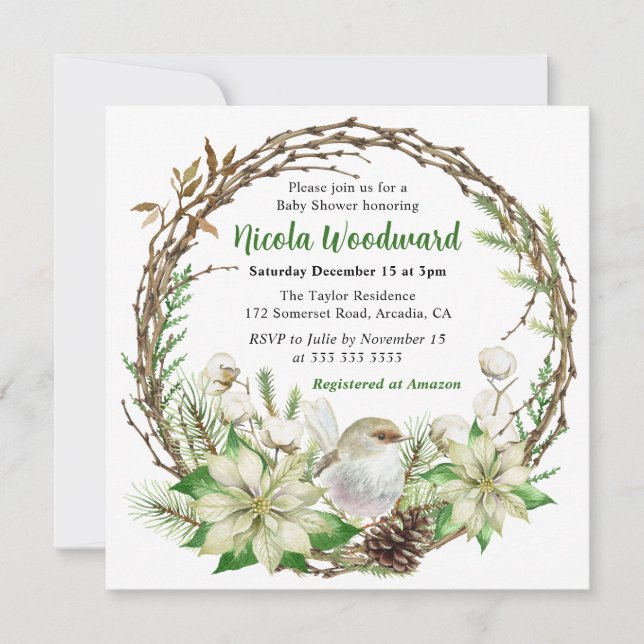 White Robin and Poinsettia Wreath Baby Shower Invitation (Front)