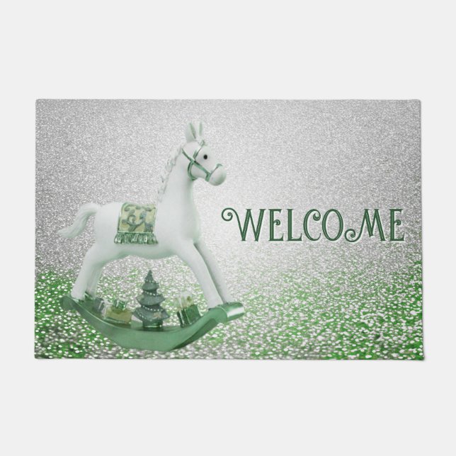 White Rocking Horse Green Christmas Holiday Doormat (Front)