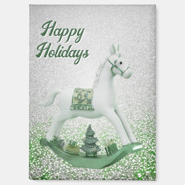 White Rocking Horse Green Christmas Holiday Magnet (Front)