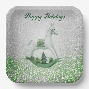 White Rocking Horse Green Christmas Holiday Paper Plate