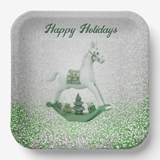 White Rocking Horse Green Christmas Holiday Paper Plate (Front)