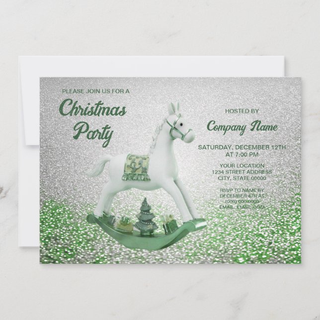 White Rocking Horse Green Christmas Holiday Party Invitation (Front)