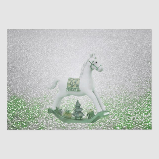 White Rocking Horse Green Christmas Holiday Tissue Paper (Front)