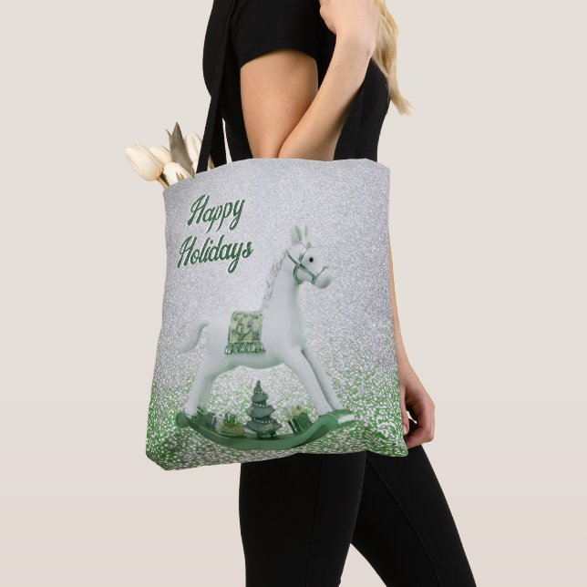 White Rocking Horse Green Christmas Holiday Tote Bag (Close Up)