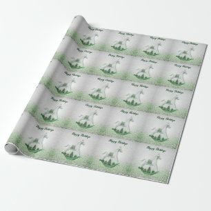 White Rocking Horse Green Christmas Holiday Wrapping Paper