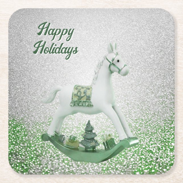 White Rocking Horse Green Christmas  Paper Coaster (Front)