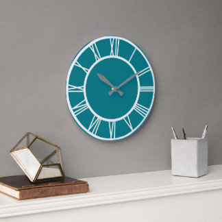 White Roman Numbers Border Pattern Teal Blue Round Large Clock